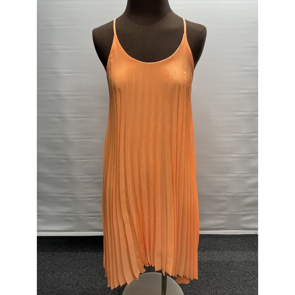 Stunning Pleated Glam Doll Orange Peach Lined Spaghetti Strap Dress Medium